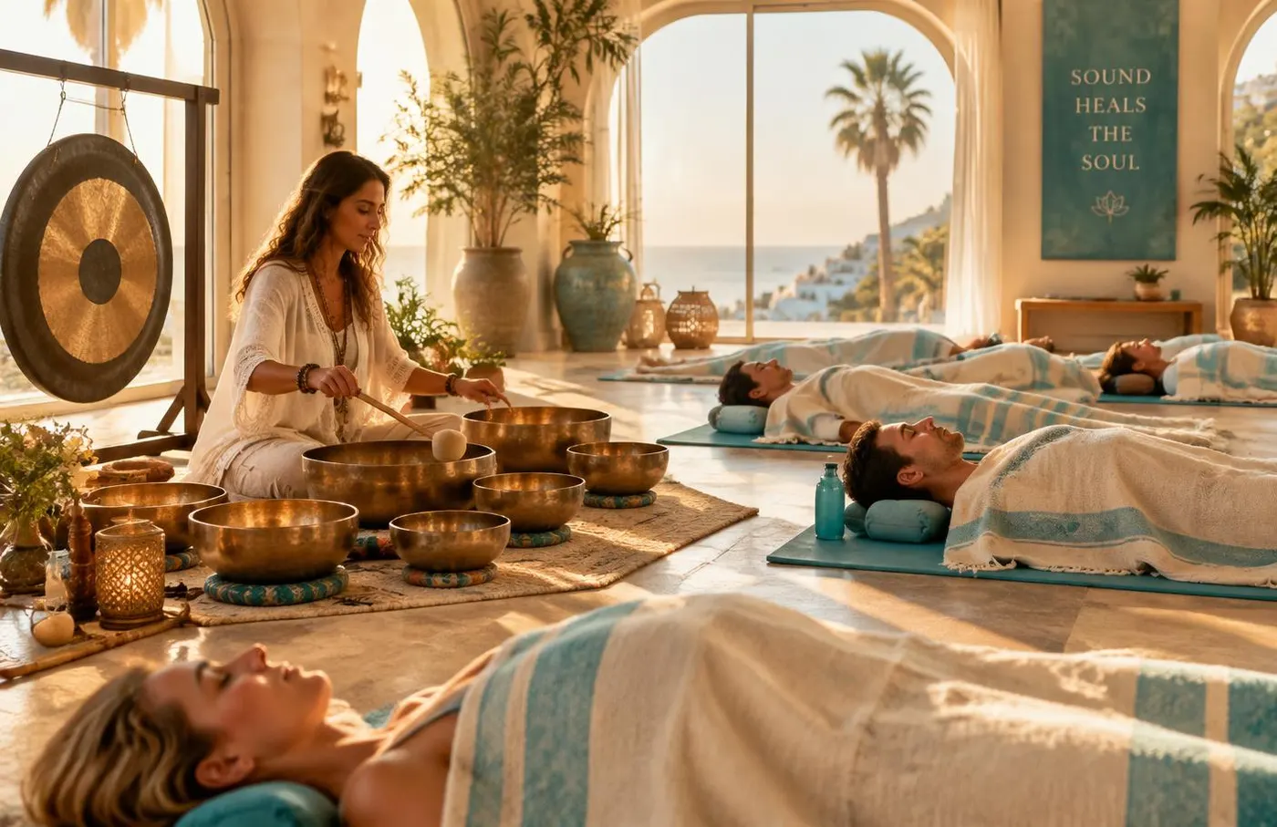 Baño de sonido con cuencos tibetanos y gong durante una clase de yoga suave en Marbella